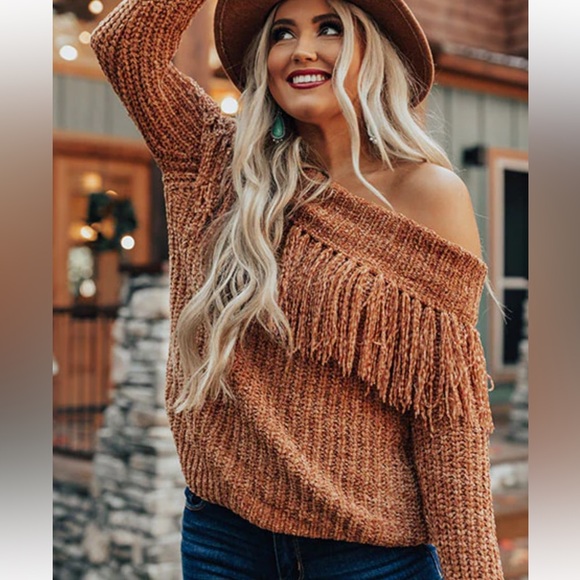 Love Riche Sweaters - Fringed Rust Chenille Sweater